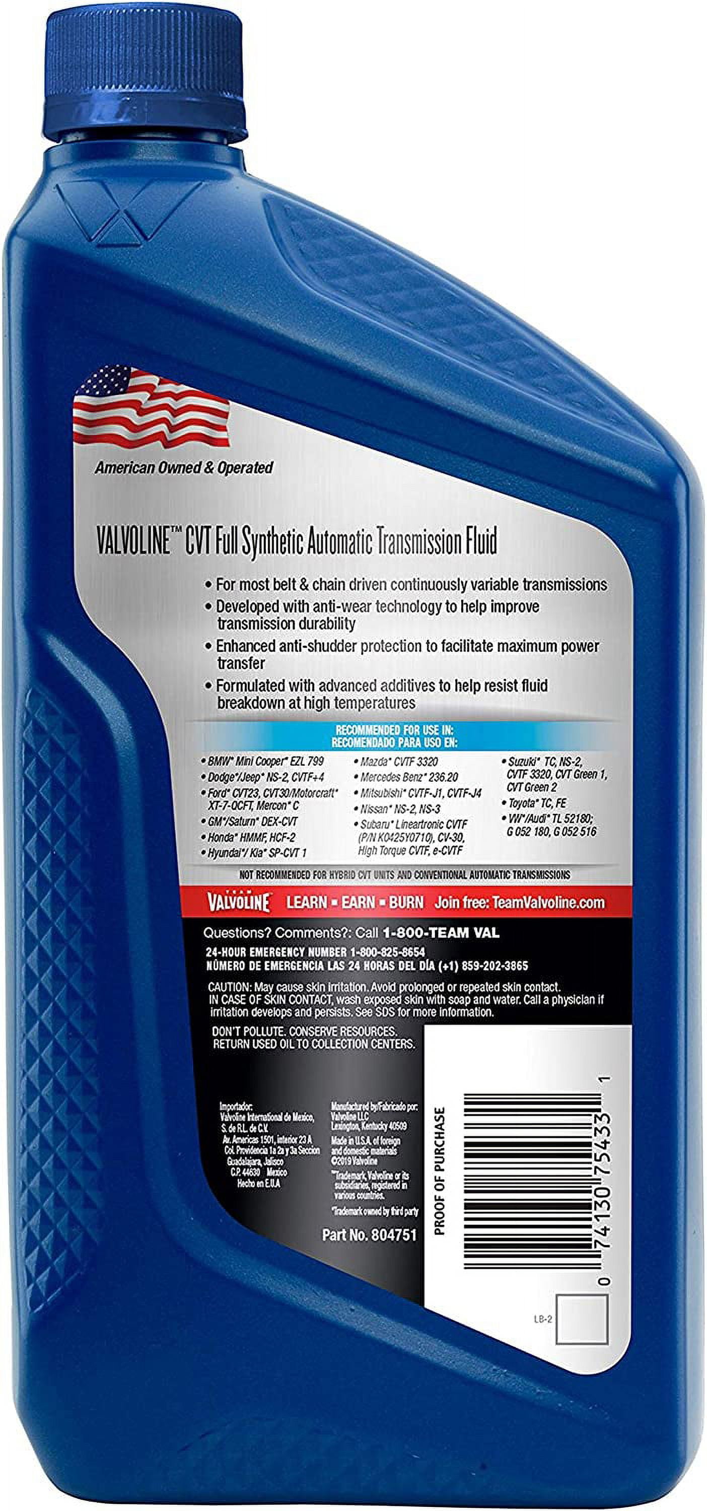 Valvoline CVT Full Synthetic Continuously Variable Transmission Fluid 1 QT