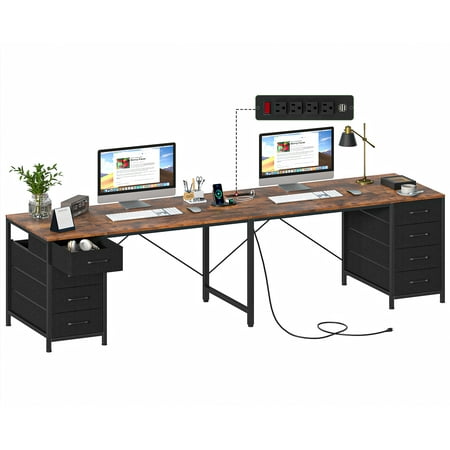 TVU 110" 2 Person Desk with 8 Drawers, Large Writing Home Office Desks with Outlets, I Shaped Workstation Double Desk Drawer Organizers (Rustic)
