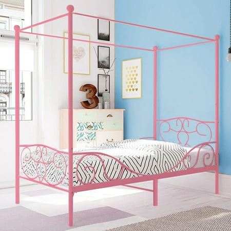 Platform Heart - Canopy Bed Frame Twin Mattress Foundation Platform Bed Heavy Duty Heart Scroll Design,Headboard And Footboard