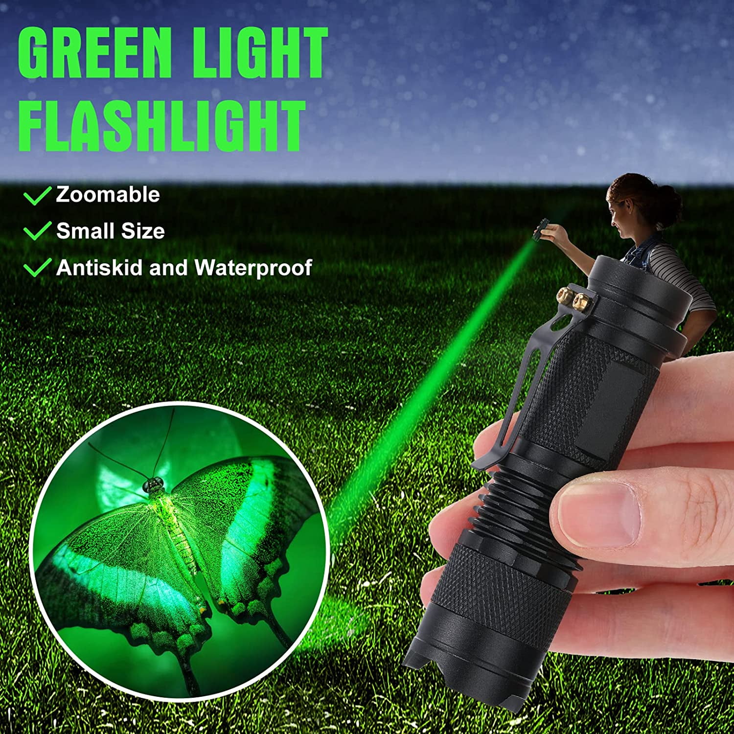 ABPETE 4 Packs Hunting Light Flashlights LED Torch with 3 Modes LED Zoomable Scalable Light Flashlight Torch for Fishing Hunting Night Observation, Batteries Not Included(Green)