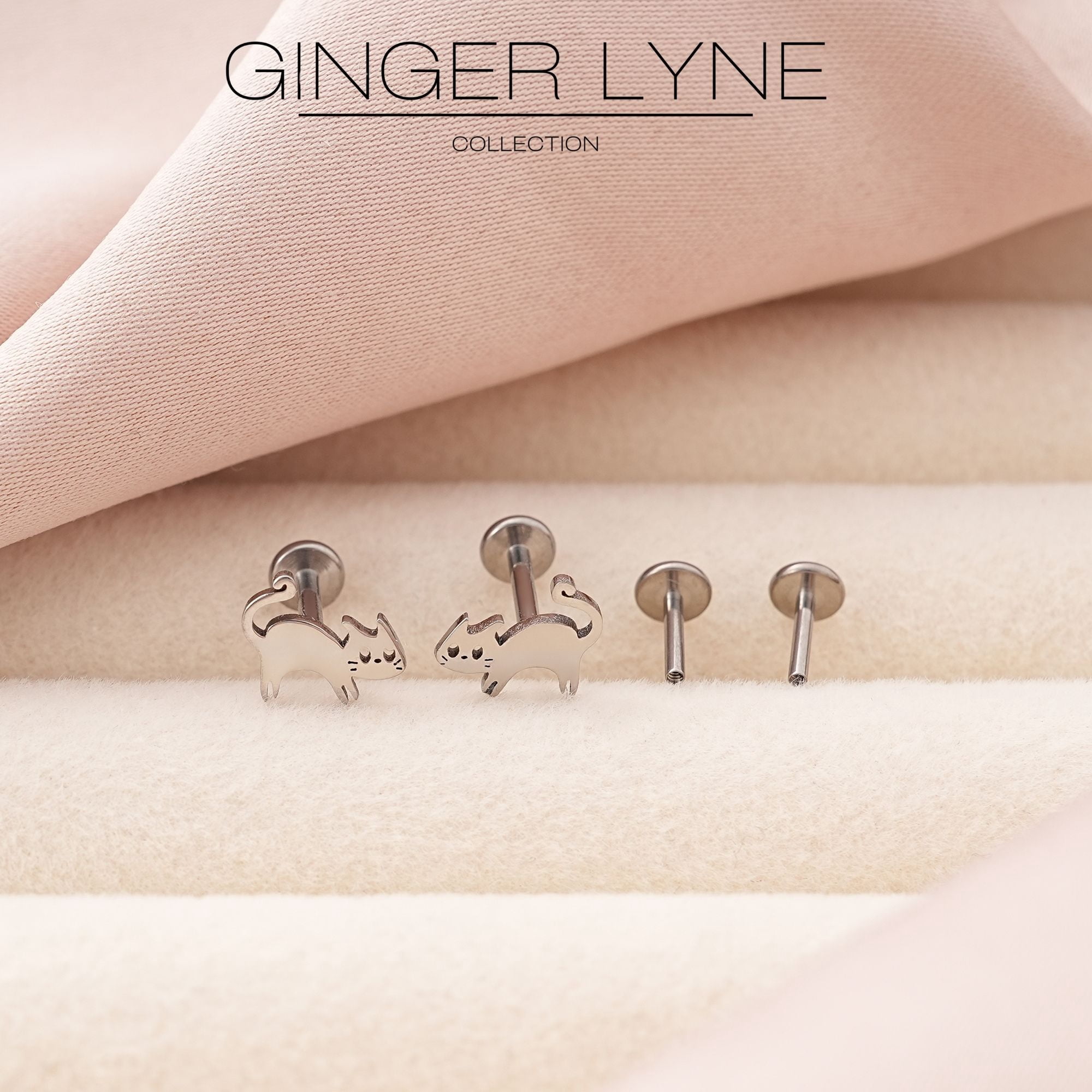 Kitty Cat Titanium Flat Back Stud Earrings Stud Titanium Body Piercings by Ginger Lyne 2 Sets Post 6mm 8mm