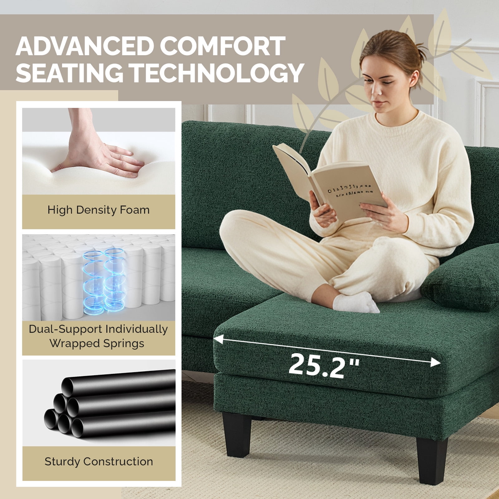Ktaxon U-Shaped Sectional Sofa Set with Chaise, 4-Seater Blended Chenille Couch for Living Room, Apartment, Easy Assembly Green