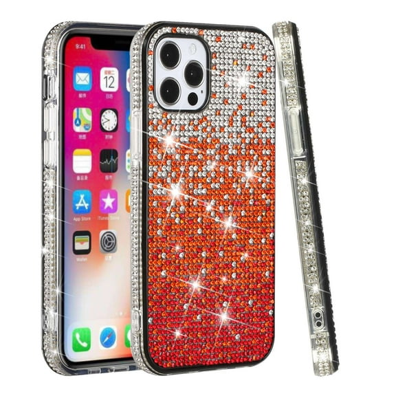 Bemz Sparkling Case for iPhone 15 Pro Max, Diamond Glitter Gem Bling Hybrid Protector Cute Women Girls Cover (Red Silver Wave)