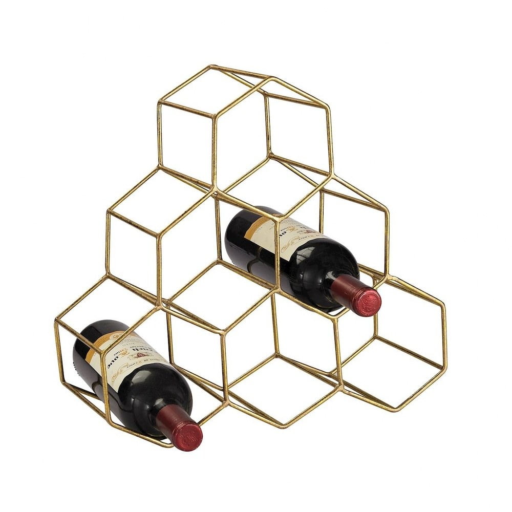 6 Bottle Hexagonal Contemporary Gold Table Top Wine Rack In Unique