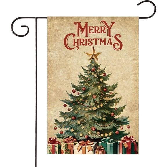 Merry Christmas Tree Garden Flag 12x18 Inch for Outside Double Sided Burlap Welcome Small Winter Yard Flag Outdoor Xmax Decoration