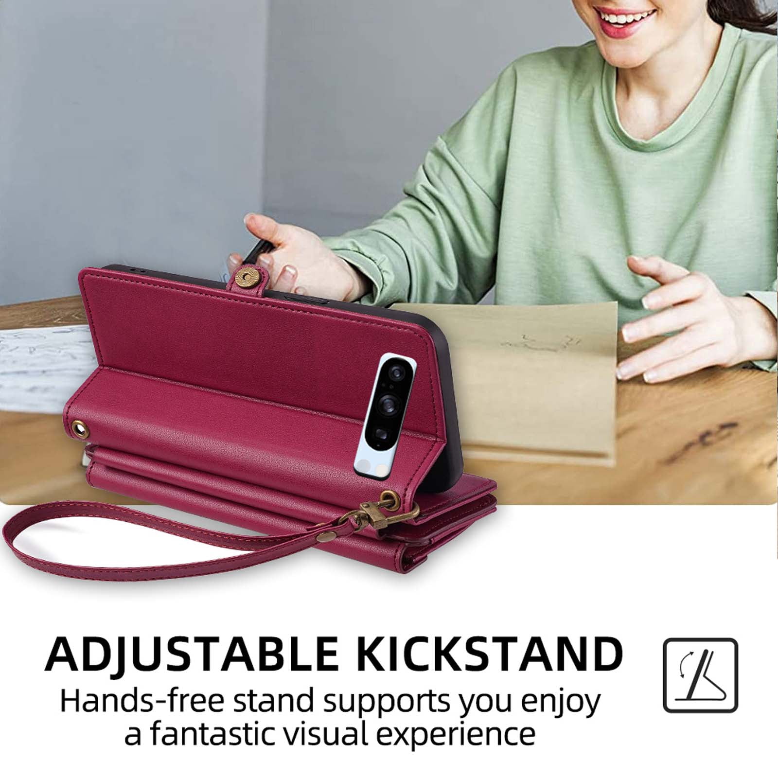 Compatible with Google Pixel 9 / 9 Pro Crossbody Wallet Case,Flip Folding Kickstand,With Card Slots,Long Strap&Short Strap,Zipper Pocket,Shockproof Heavy Duty PU Leather Phone Case,Red