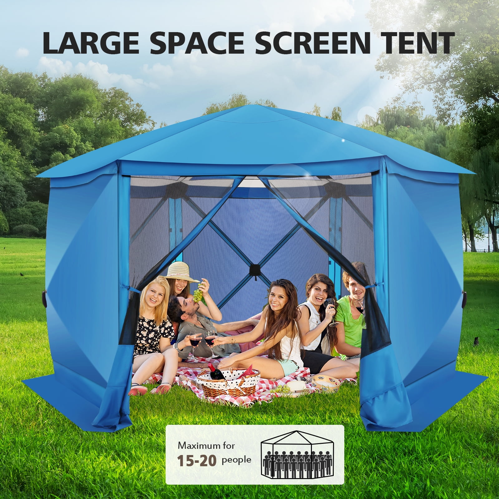 SANOPY 12'x12' Pop up Gazebo with Starry Sky Covered Gazebo 6-Sided Mosquito Netting and Sidewalls Pop up Screen Gazebo Tent Camping Gazebo Instant Shelter for Deck and Lawns, Blue