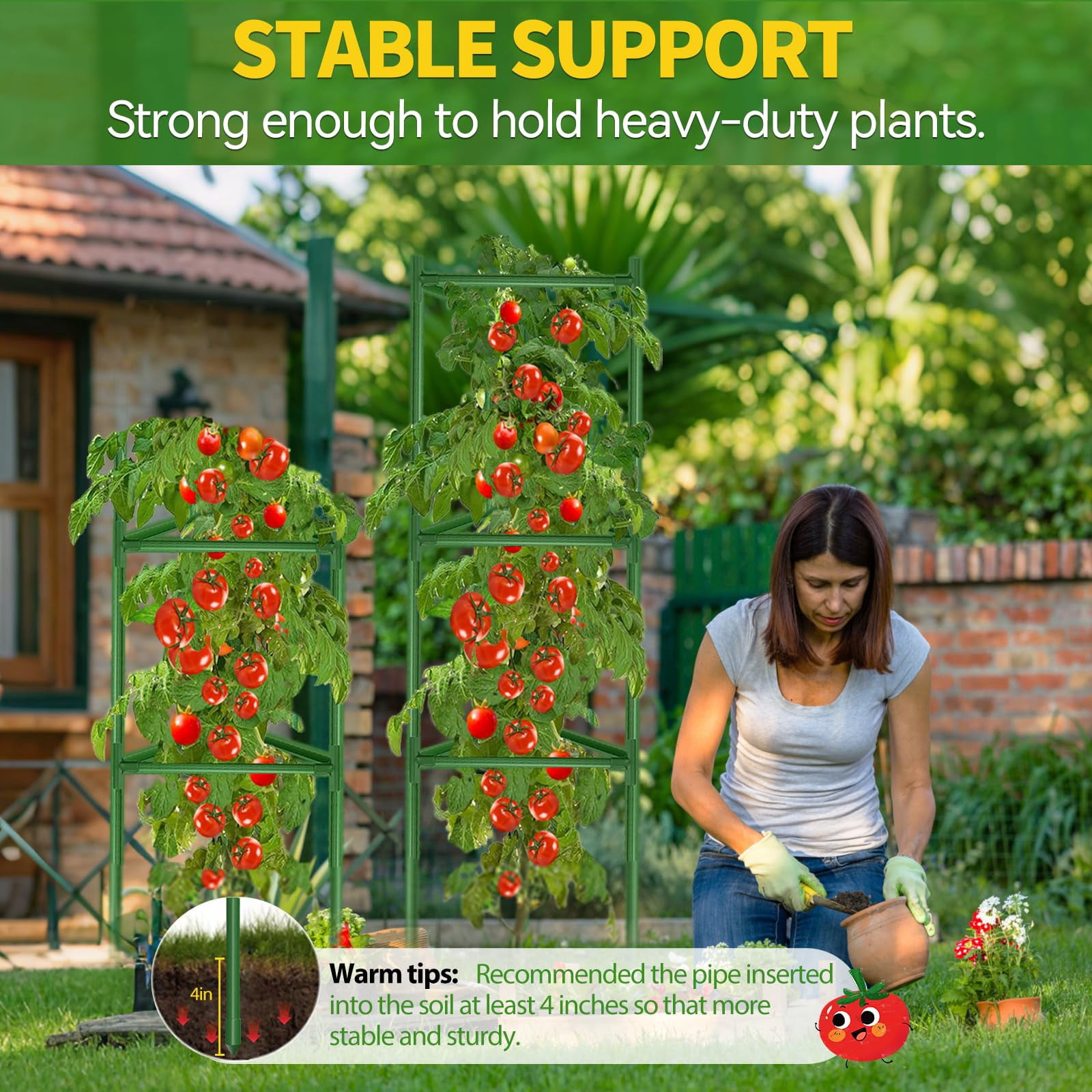 4 Pack Large Tomato Cage For Garden Up To 49" H X 16" W Metal Plant Support Stakes With Clips Triangle Pea Cages Cucumber Trellis Vegetables Pots Vines Flowers Climbing Plants