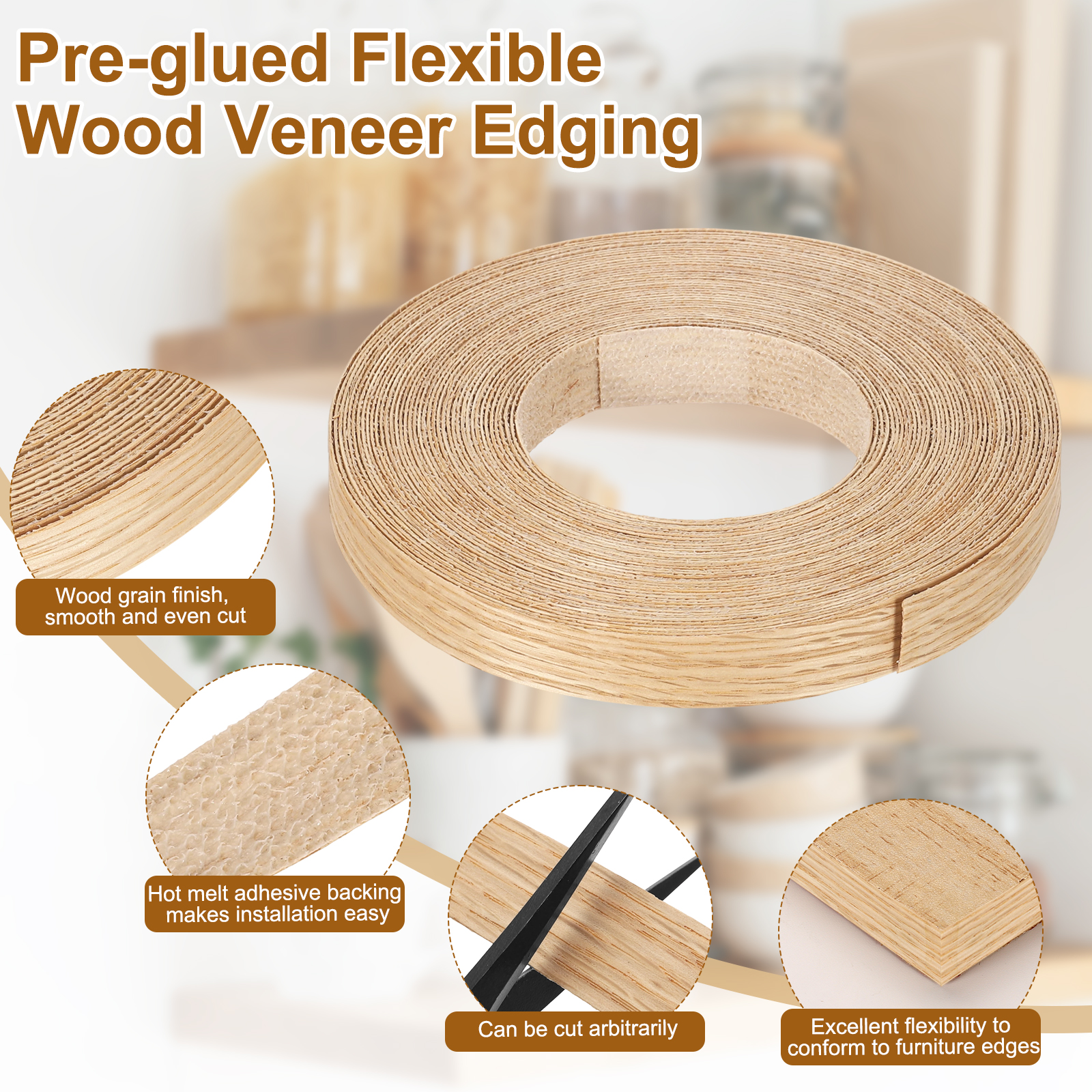Uxcell 3/4" x 49 ft Wood Edge Banding, Pre-Glued Flexible Veneer Tape Edging Strip, Plywood Wood Grain Repair Tape for Cabinet Repair, Furniture Restoration, Handicraft DIY, White Oak