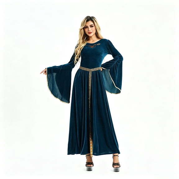 Velvet Witch Long Dress, Queen Costume Women, Queen Dress, Women Renaissance Dress Medieval Costume for Women Long Dress Plus Size Velvet Queen Dresses Halloween Costume, Blue L