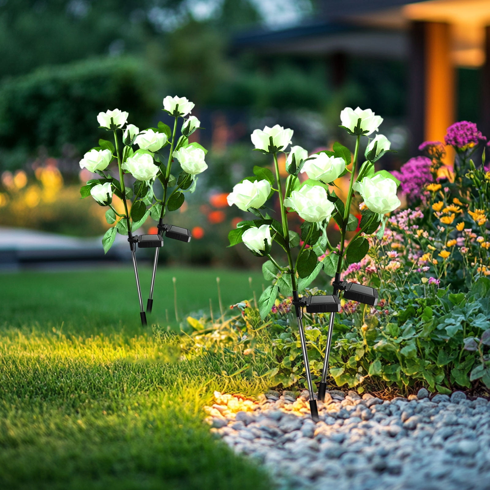 Solar Garden Lights Outdoor, 2 PackSolar Flower Lights Outdoor Waterproof with 16 Rose, 2 Modes Realistic Rose Flower for Yard, Pathway, Garden Decor & Gardening Gift