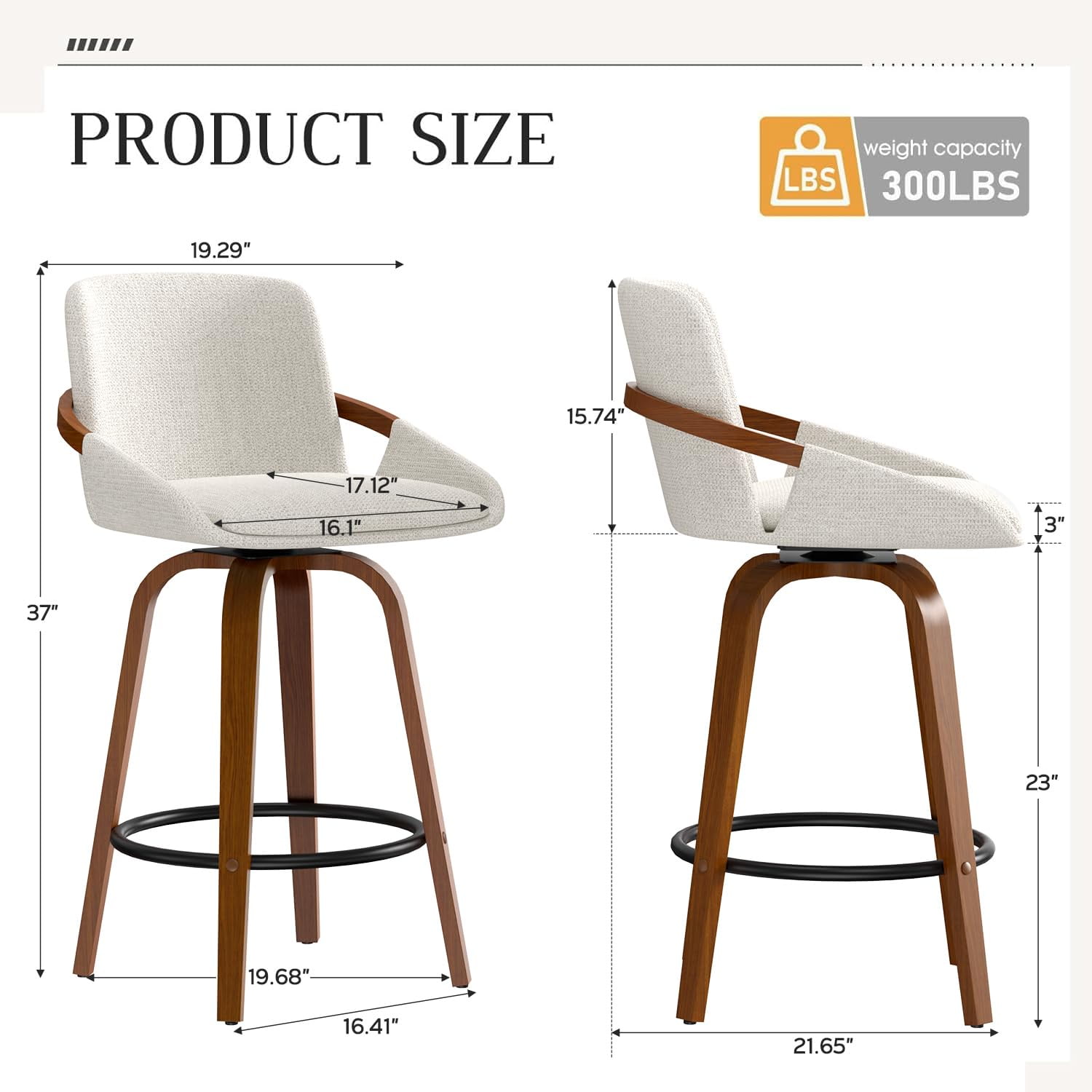 JULY'S SONG 26" Swivel Counter Height Bar Stools with Back Sets of 4, Mid Century Barstools with Wooden Legs, Beige