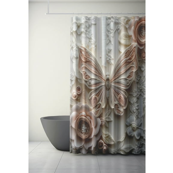 Elegant lace butterfly and floral shower curtain, polyester fabric, delicate pastel floral design, contains 12 hooks for easy installation - perfect for stylish bathroom decor, elegant bathroom