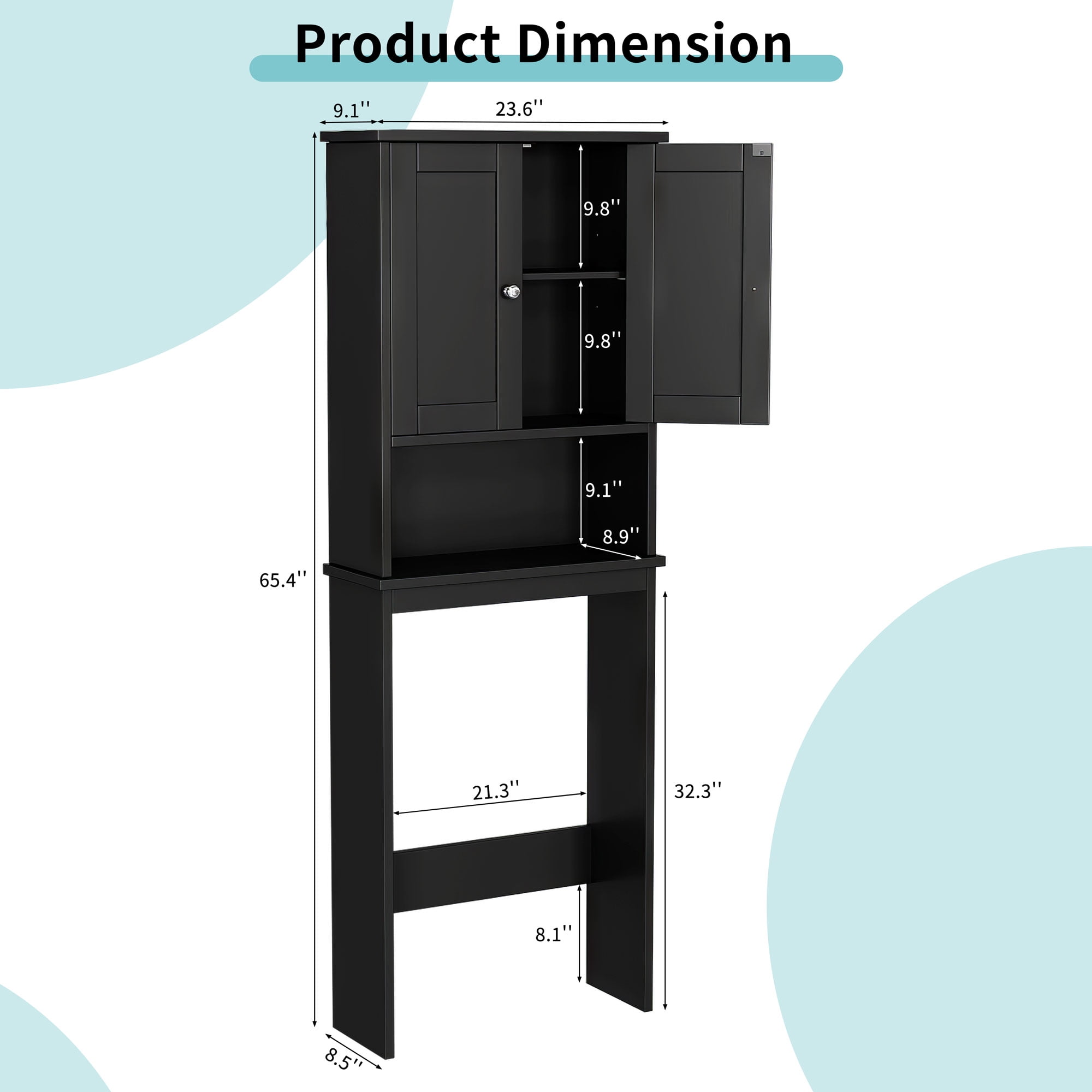 Walsunny Over The Toilet Storage Cabinet Bathroom Shelves Organizer Space Saver Freestanding Restroom Shelf with Doors Anti-Tip Device Adjustable Shelf Black