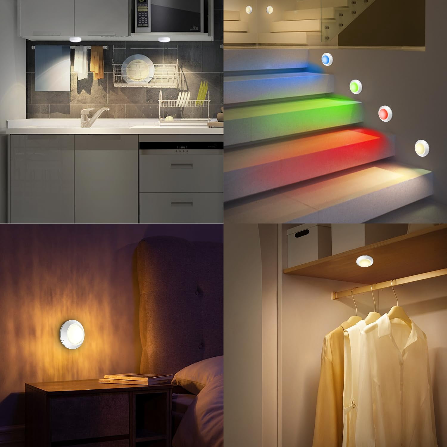 JJEAN-Wireless LED Puck Lights with Remote (3 Pack), Dimmable Stick On Under Cabinet Lighting, Color Changing Push Lights with Timer, Battery Operated Tap Lights for Kitchen, Closet, Shelf & Stairs