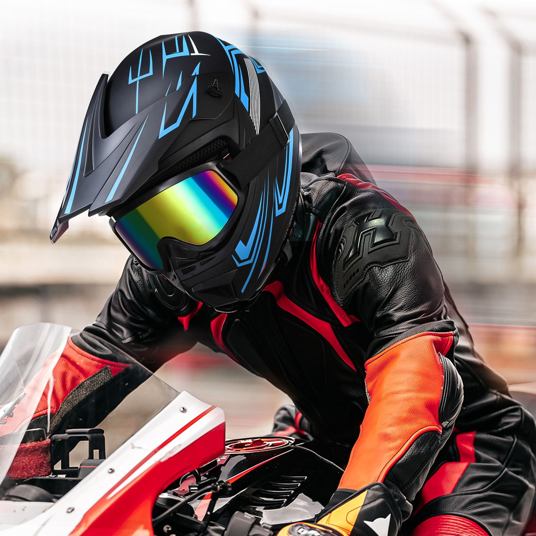 Oryxearth Motocross Dirt Bike Helmet, Off-Road Motorcycle & ATV Helmet with Goggles Gloves, Blue, M