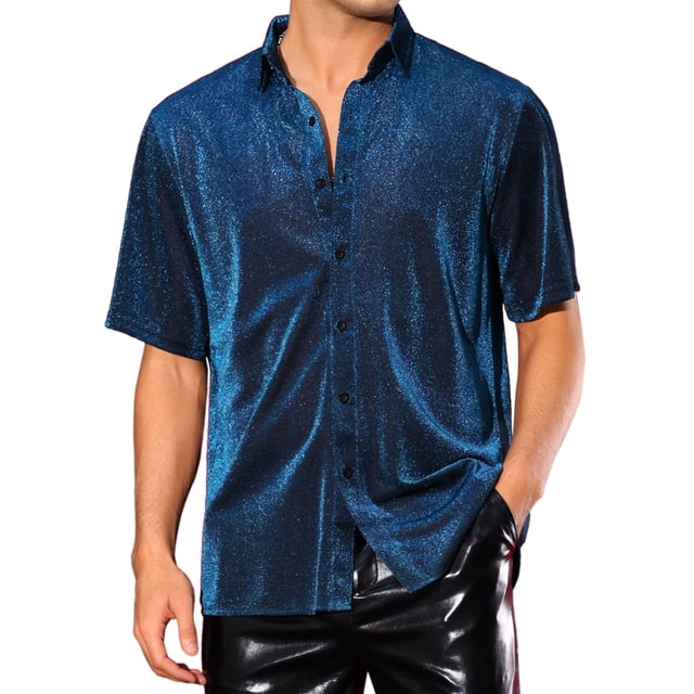 Camisa brillante y transparente INSPIRE CHIC para hombres, camiseta de malla corta metálica para fiestas, color azul