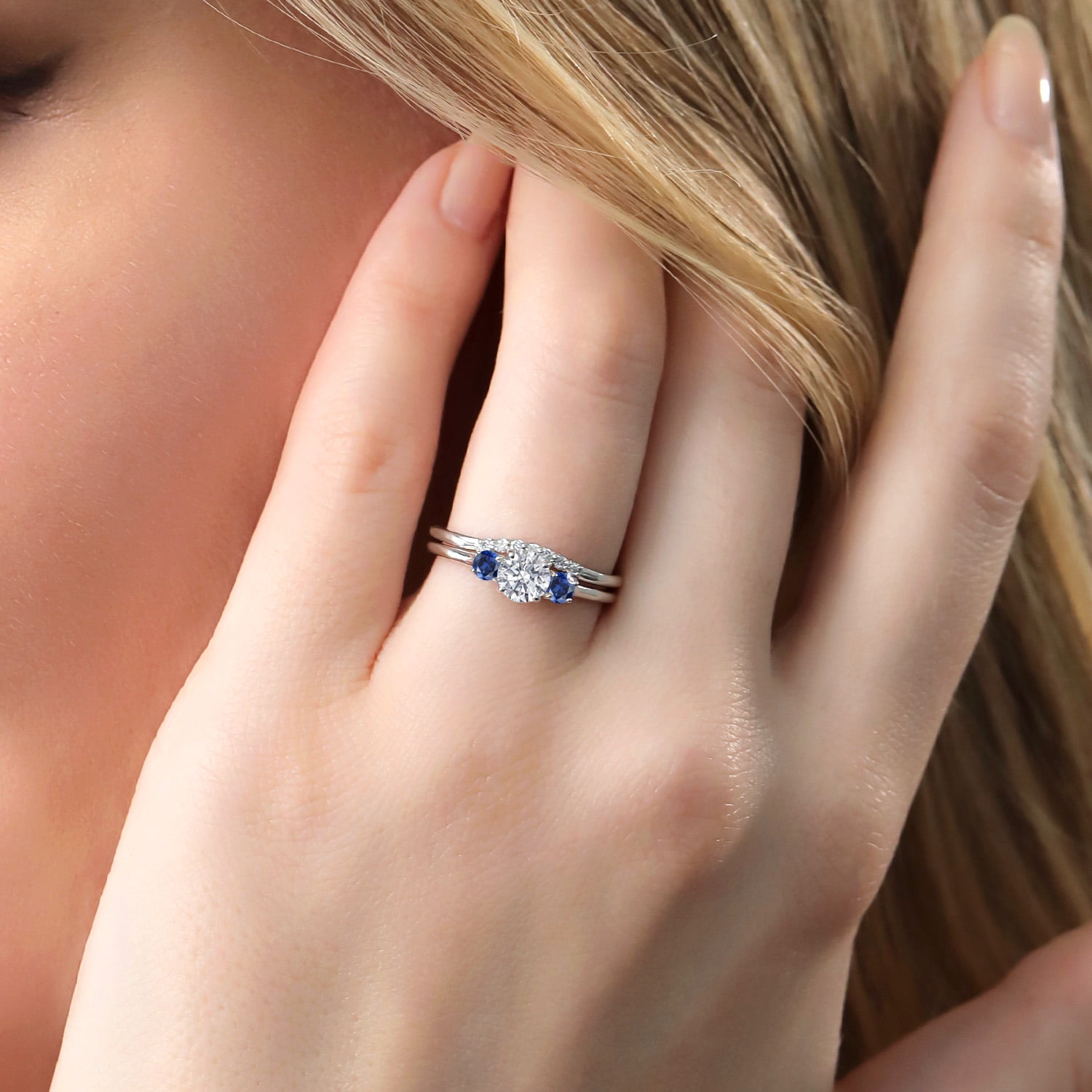 Gem Stone King 10K White Gold Lab Grown Diamond and Blue Created Sapphire Bridal-Sets Ring for Women | 0.84 Cttw | Round 5MM | Wedding Engagement Anniversary Promise Ring for Women | Size 8