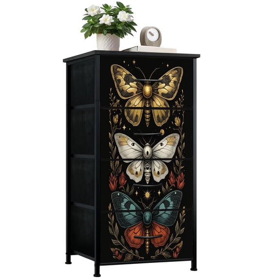 Dresser for Bedroom with 4 Storage Drawers Moody Rustic Floral Dark Academia Cottagecore Butterfly Gothic Dressers Chest of Drawers Steel Framed Fabric Closet Organizers for Entryway