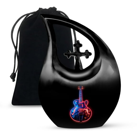 MUKTIVE Electric Guitar Burial Urn for Husband & Wife - Large Cremation Urns for Men & Women - Decorative Urn for Human Ashes Male - Black Funeral Cross Drop Urns for Mother & Father (10 Inch)