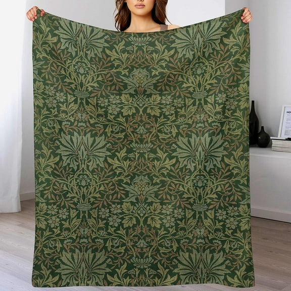 Flower William Morris Throw Blanket Vintage Boho Floral Retro Green Plant Pattern Blanket for Sofa Bed Couch Chair Or Dorm 50"x60"