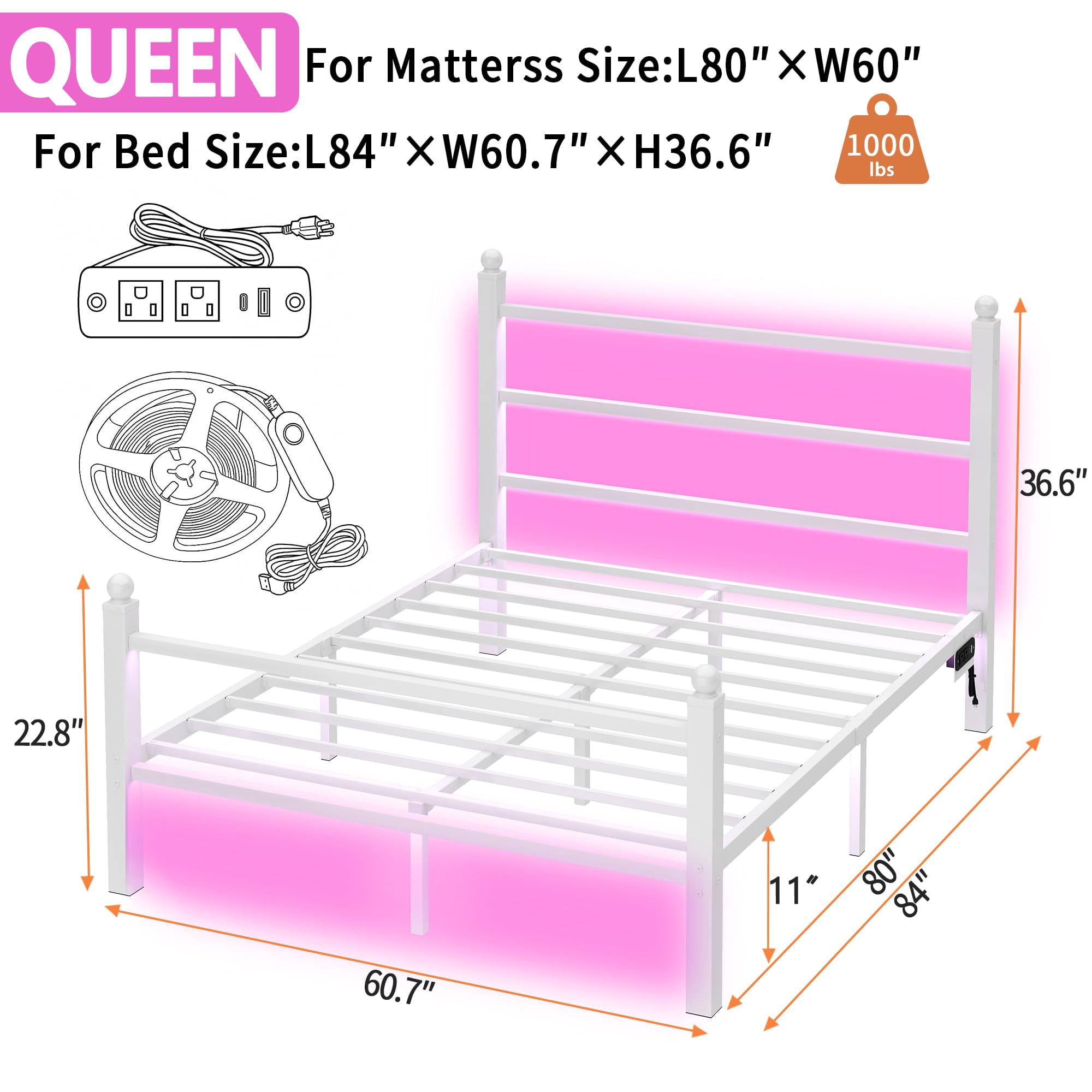 Chuangshuo Guard Queen Size Bed Frame with LED Storage Headboard Shelf , Metal Platform Bed, Noise-Free, White