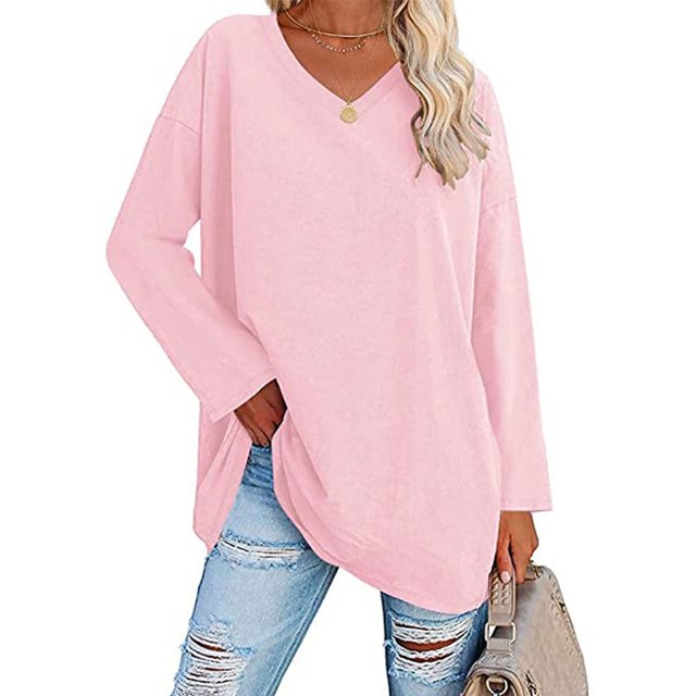 Blusa informal para mujer color sólido hombros caídos cuello en V suave manga larga camiseta de gran tamaño cómoda para uso diario ANGGREK Otros