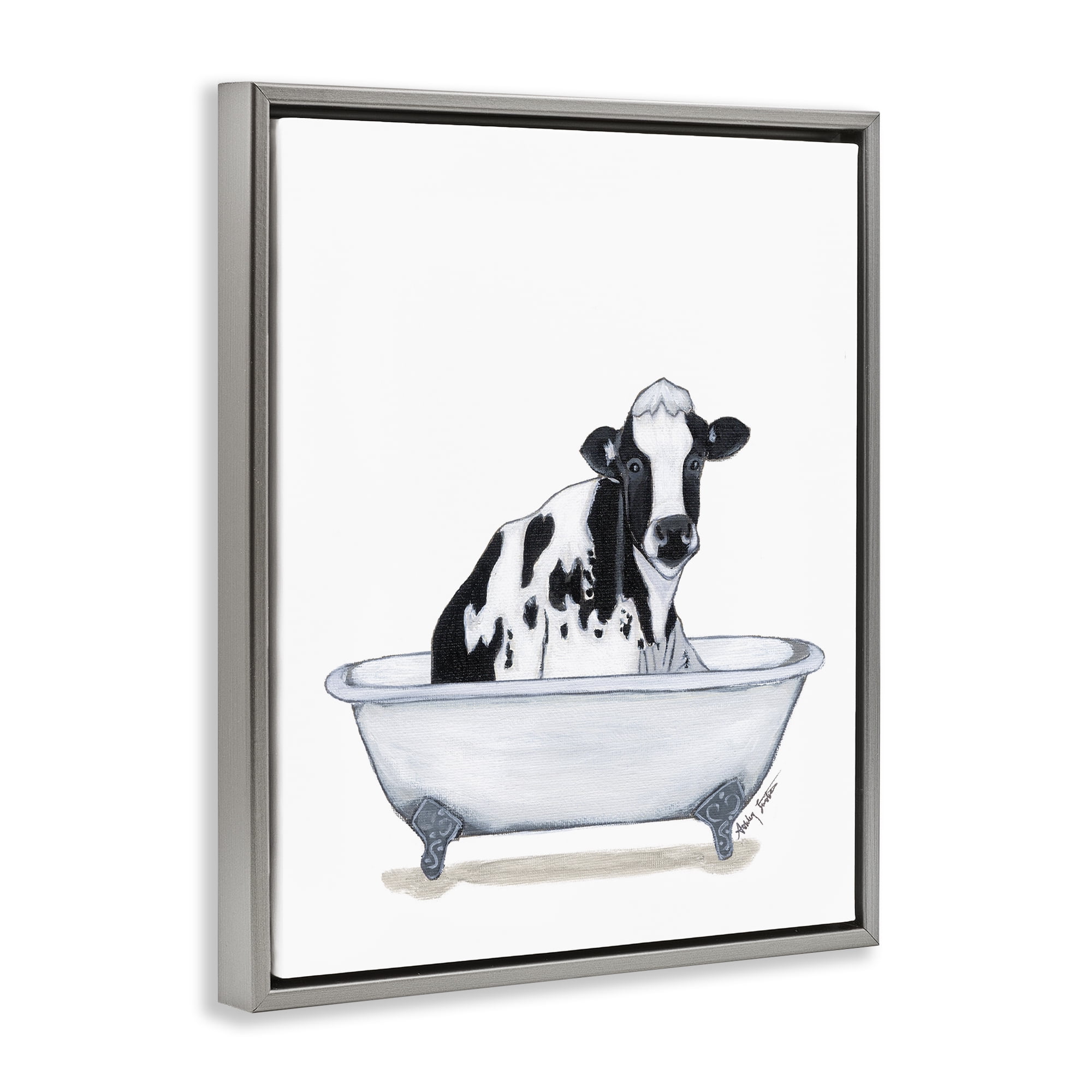 Stupell Industries Cow in Tub Sketch Bath & Laundry Painting Gray Floater Framed Canvas Art Print Wall Art, 17 x 21