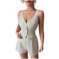 thumbnail image 2 of TEAJOPSUU Women Summer 2 Piece Outfits Sleeveless V Neck Button Down Spaghetti Strap Crop Vest Tops High Waisted Pleated Shorts Sets Casual Matching Sets White, 2 of 5
