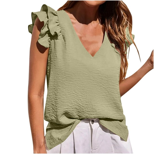 cfhntfmh Summer Tops for Women Casual Ruffle Cap Sleeve Basic Tank Tops Loose V Neck Solid Color Beach Shirts
