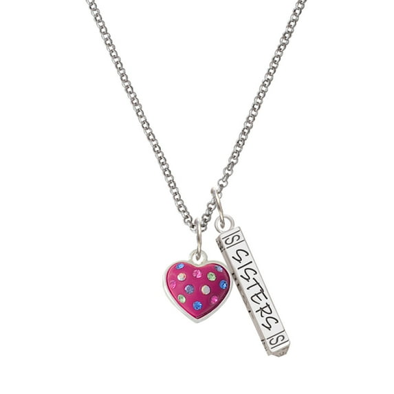 Delight Jewelry Silvertone Hot Pink Resin Heart in Frame Silvertone Sisters Best Friends Forever Bar Charm Necklace, 23"