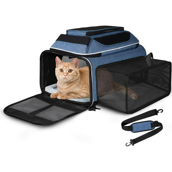Top and Side Expandable Pet Carrier 17x12x8.5 Inches JetBlue Frontier Spirit Airline Approved, Soft-Sided Carrier for Small Cats and Dogs with Locking Safety Zippers and Anti-Scratch Mesh(Blue)