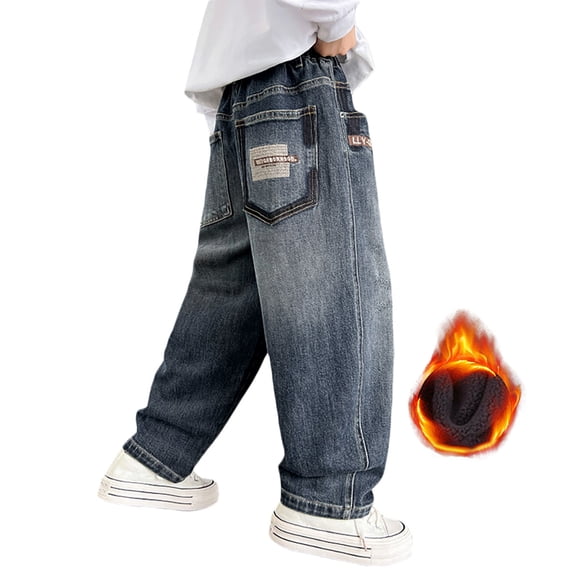 REDARER Boys Lined Jeans Wide Leg Cargo Pants, Elastic Waist with Multiple Pockets for Kids Winter Comfort,9-10 Years
