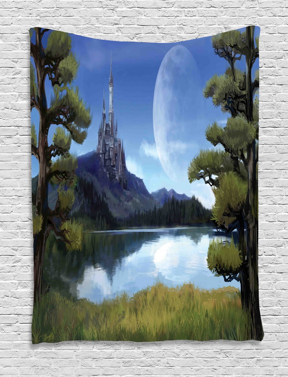 Fantasy Decor Tapestry, Moon Surreal Scene with Riverside Lake Forest