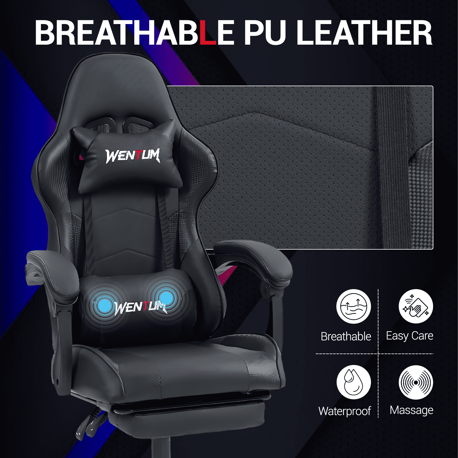 WENTUM  Ergonomic Reclining Gaming Chair with Linkage Armrests & Footrest, Racing Office Chair, PU Leather Computer Desk Chair, Black