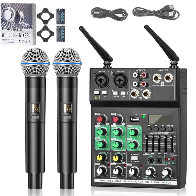 4 Channel Audio Mixer, Professional with Dual Wireless Microphone, Sound Board Console System Interface DJ Mixer BT USB MP3 Computer Input 48V Phantom Power, Suitable for DJ Karaoke Guitar