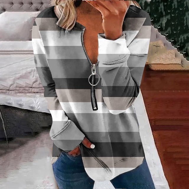 Chandails à Capuchon Mode pour Femmes 2023 Hauts Automne Manches Longues Ample Chandail à Enfiler Chemise Chic Décontracté Dames Rayé Col Rond Chandails 50 % de Rabais Liquidation Costumes d'Halloween/Noël