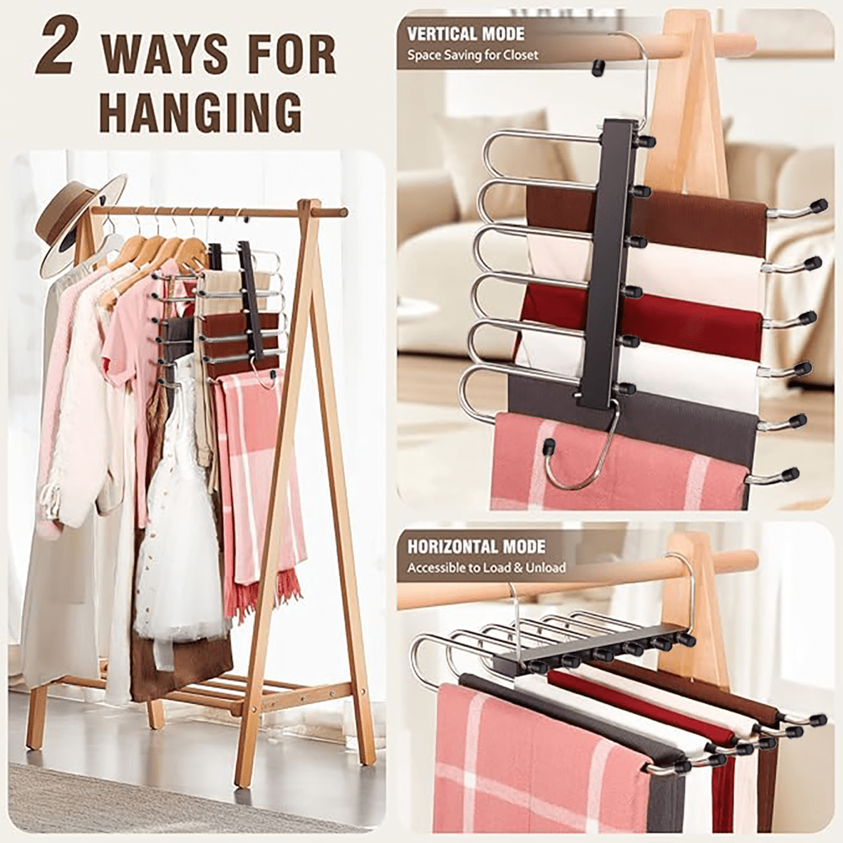 3 Pack Pants Space Saving Hangers ,Space Saving 2 Pack 6 Tier and 1 Pack 9 Tier Pant Hangers, Anti-Slip, Stainless Steel,  Black