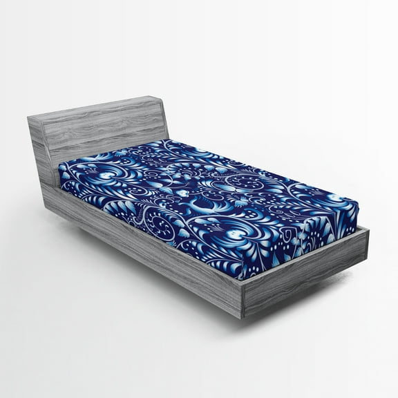 Ambesonne Ethnic Fitted Sheet, Folk Chinese Theme Swirl, Twin XL Size, Royal and Sky Blue