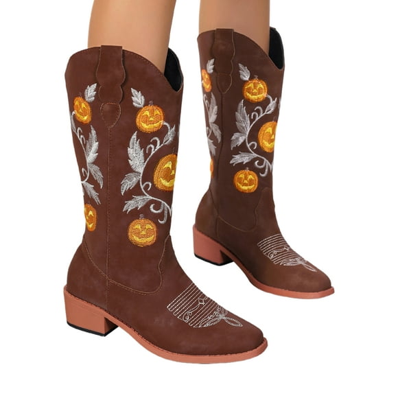 Woobling Ladies Western Boot Pointed Toe Riding Booties Block Low Heels Cowboy Boots Pull On Fashion Bootie Women Xmas Pumpkin Embroidered Winter Shoes Brown 9.5