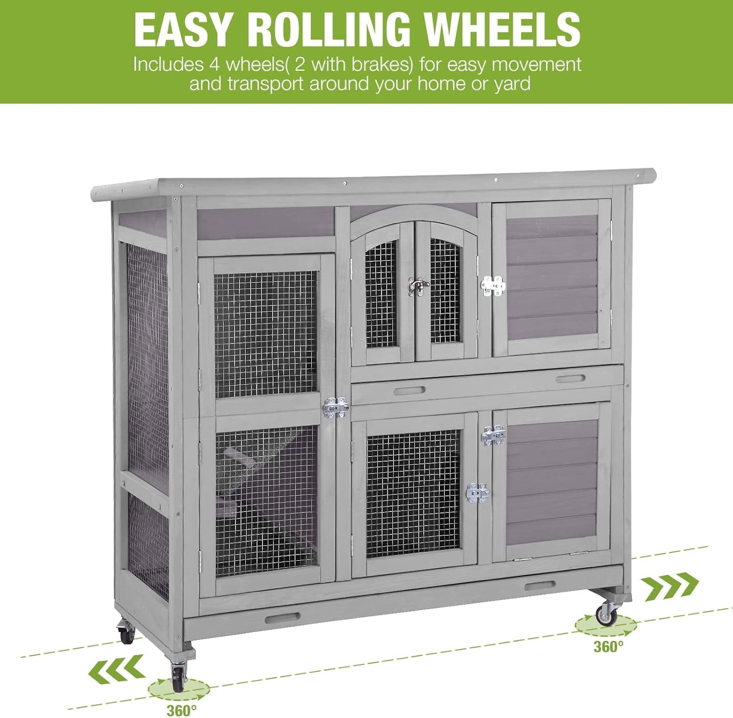 MEDEHOO Guinea Pig Cage 2 Story Indoor Rabbit Hutch Outdoor Bunny House with Wheels and Leakproof Tray