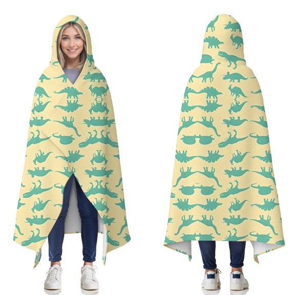 Wearable Blanket,LightYellow Green Dinosaurs Silhouettes Pattern Hooded Wearable Flannel Blanket for Adults & Teens,Winter Poncho Shawl Wrap Cape Cozy Anti-Pill,50"x60"