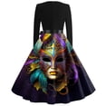 thumbnail image 3 of JGNGSHN Mardi Gras Womens Plus Size Dresses Long Sleeve V Neck Mardi Gras Mask Printed Dress Pleated Vintage Hepburn Dress, 3 of 3