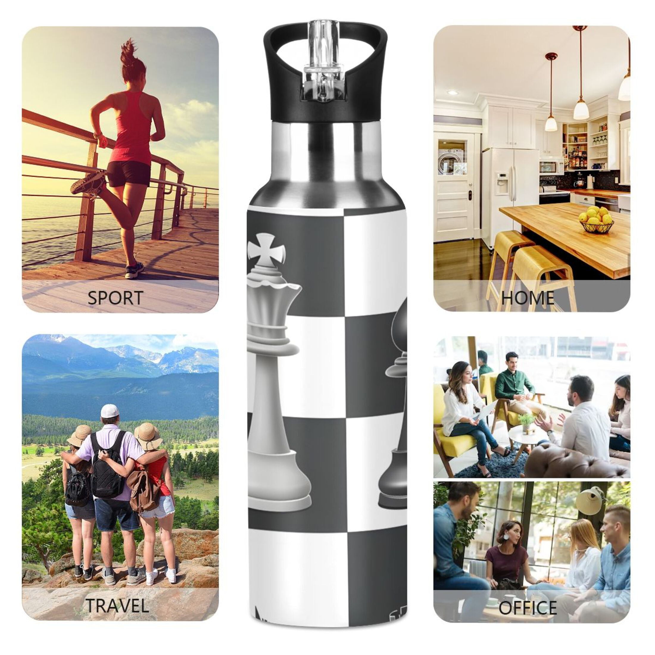OREZI Stainless Steel Water Bottle Chess Pieces and Board 34oz/1000ml Double Wall Vacuum Insulation Leakproof for Sports Travel