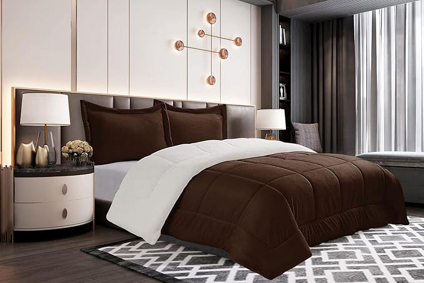 Elegant Comfort Ultra Plush 3-Piece Sherpa Comforter Set, Solid-Color and a Fluffy Sherpa Reverse, All Season Suitable, Heavy Weight, Micro-Suede, Sherpa Comforter, Queen, Brown
