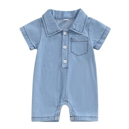 

XYIJANI Baby Girl Pajamas 0-3 Months Baby Boys Summer Denim Romper Short Sleeve Lapel Button Down Jumpsuit with One Pocket 18 Month Old Boy Clothes Boys 18-24 Month Clothes (Blue 12M)