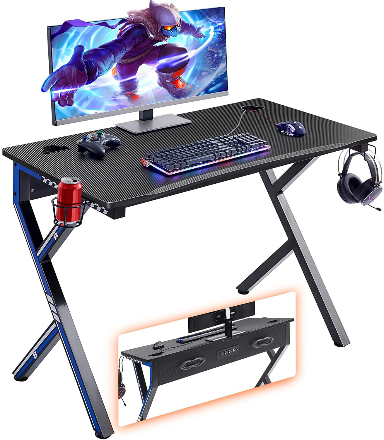 Headphone Hook PC Gaming Workstation Built-in 3-Outlet Socket & 2 USB Ports Home Office Computer Desk ZENY Gaming Desk with Carbon Fiber Surface 45.2 W x 23.6 D x 30.4’’H Cup Holder