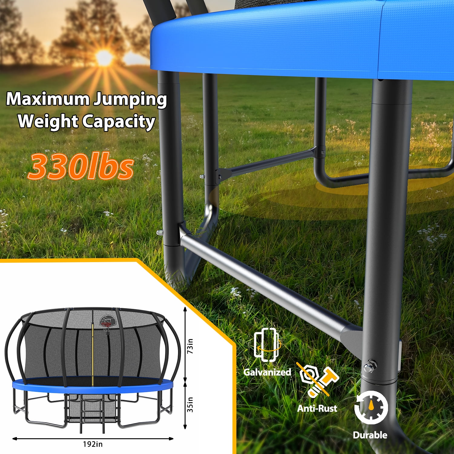 Leumius 16FT Trampoline with Enclosure Net,Outdoor Heavy Duty Pumpkin Trampolines with Curved Poles,Recreational Trampolines with Ladder and Basketball Hoop for Kids and Adults,Blue