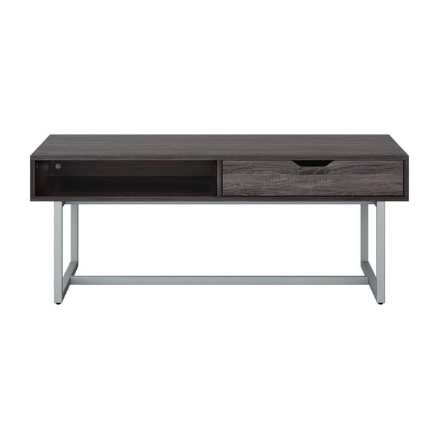 Grey CorLiving Auston indoor coffee table featuring an engineered wood top with a single drawer and open cubby for storage supported by steel legs.