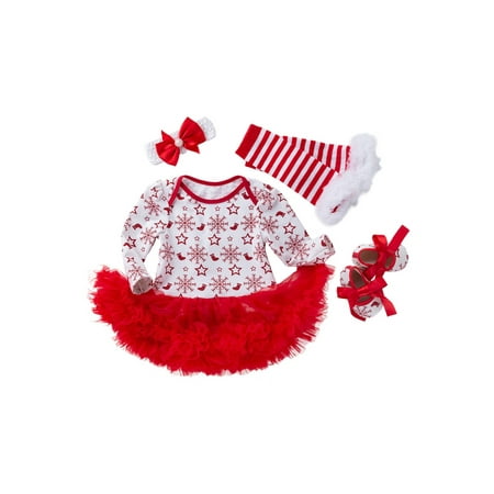 

Glonme Girls Fall Romper Sets Long Sleeve 4Pcs Christmas Outfits Clothes Snowflake Printed Leg Warmer Set Travel Cute Headband Suits Shoes Crew Neck Style-B 66cm